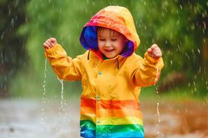 ai generado contento niño en vistoso impermeable disfrutando lluvia. foto