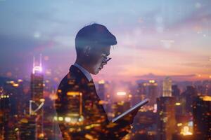 AI Generated Double exposure of business and a city - Asian businessman using a digital tablet superimposed on a city skyline photo