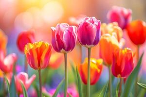 AI Generated Beautiful Spring Nature background with tulip Flowers, selective focus. Vivid colors. photo