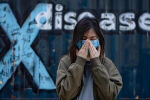 AI Generated Woman covering her face with hands over facial mask for disease X concept photo