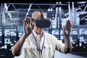 Senescent technical support consultant immersed in virtual reality at data center, doing equipment maintenance. Serviceman using VR headset to optimize server racks performance, checking code lines photo