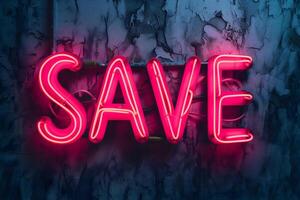 AI Generated Neon word SAVE on dark shabby wall photo