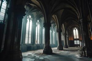 AI Generated Dark gothic abandoned ancient chapel hall interior with tall windows and columns, foggy and empty. photo