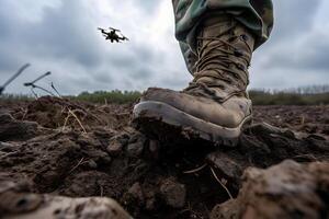 ai generado soldado piernas en pie en el suciedad y zumbido en el cielo encima foto