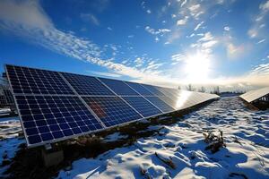 AI Generated Photovoltaic solar panels in the field at sunny winter day photo