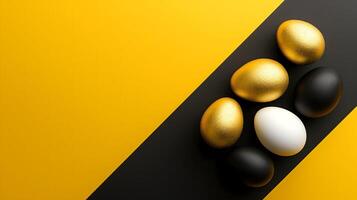 AI Generated Golden, black, white Easter eggs on a yellow-black background. geometry. Minimal concept. View from above. photo