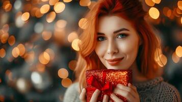 ai generado hermosa pelirrojo niña con regalo para san valentin día con bokeh a antecedentes. foto