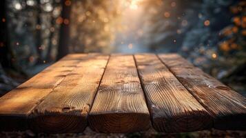 ai generado vacío de madera mesa para rústico antecedentes foto