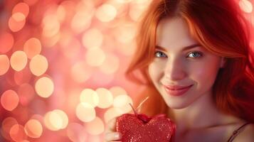 AI Generated Beautiful redhead girl with gift for Valentines Day with bokeh at background. photo