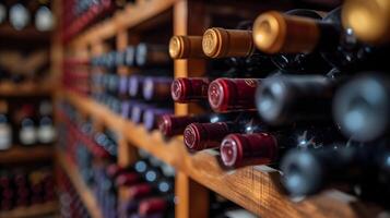 AI Generated wine racks in a luxury cellar, closeup with selective focus photo