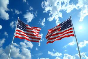 AI Generated Two United States of America flags on blue sky with white clouds background photo