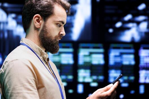 Expert using tablet to set up supercomputer farm infrastructure advanced firewalls and intrusion detection systems. Cybersecurity professional preventing malware, virus and ddos attacks photo