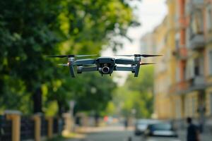 AI Generated copter drone over street at summer day photo