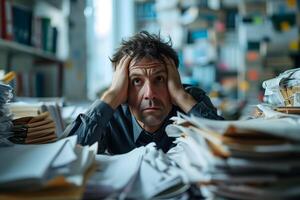 AI Generated Caucasian man in an office, overwhelmed by a mountains of paperwork photo