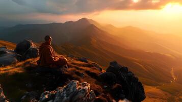 AI Generated A monk meditating on top of a mountain, symbolizing the purification of the mind photo