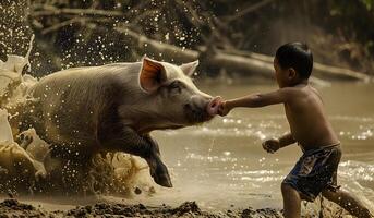 ai generado chico con un cerdo en un suciedad. Nunca luchar con un cerdo porque usted será ambos obtener sucio y el cerdo gustos él. foto