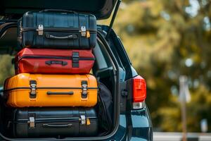 AI Generated modern SUV car trunk open and full of suitcases and bags to return from summer holidays photo