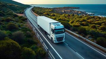 AI Generated white European semitruck is seen from the sky on a highway backed by vegetation photo