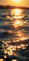 ai generado puesta de sol bokeh en agua. dorado cielo terminado un cuerpo de agua, con el ligero reflejando y creando un bokeh efecto. foto