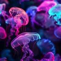 AI Generated glowing sea jellyfishes on dark background and seamless texture photo