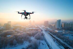 AI Generated flying drone above the city at winter morning photo