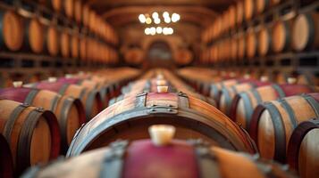 AI Generated wine barrels arranged neatly in the wine cellar photo