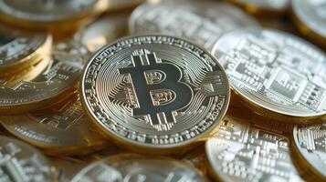 AI Generated Golden bitcoin shiners closeup full-frame background. photo