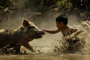 ai generado chico con un cerdo en un suciedad. Nunca luchar con un cerdo porque usted será ambos obtener sucio y el cerdo gustos él. foto