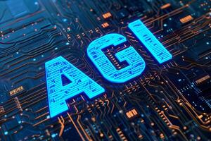 AI Generated AGI - artificial general intelligence - word on circuit board with blue and orange glow photo