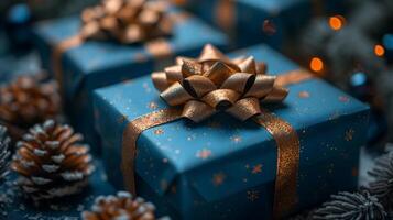 AI Generated blue Christmas gift boxes with a gold bow for holiday background photo