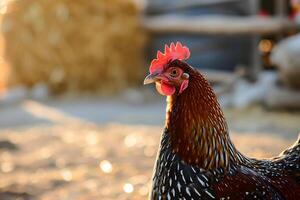 ai generado retrato de gallina en el pollo granja, de cerca con Bokeh. foto