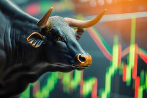 AI Generated bull with stock market chart in the background photo