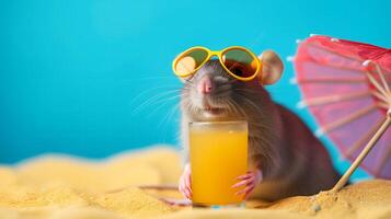 AI Generated Funny rat with a cocktail on summer vacation photo