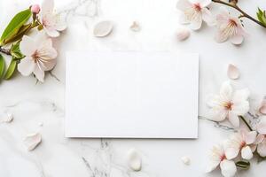 AI Generated white greeting card with flowers mock up high angle view directly above decoration photo