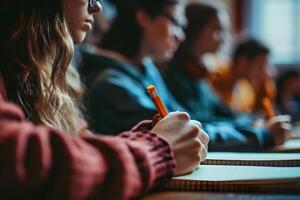 AI Generated Close up, concept of students studying in a classroom lecture photo