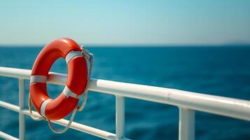 AI Generated lifebuoy attached to a ship's white railing, with the clear blue sea in the background photo