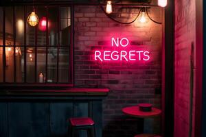 AI Generated A neon sign that says NO REGRETS on a brick wall photo