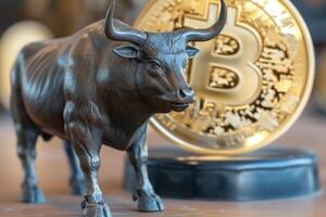 AI Generated Bull with bitcoin. Bullish trend concept. photo