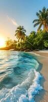 AI Generated tropical beach view at sunset or sunrise with white sand, turquoise water and palm trees photo