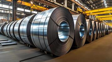 AI Generated Packed rolls of steel sheet, Cold rolled steel coils in a warehouse photo