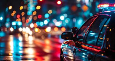 AI Generated police car lights at night in city street with selective focus and bokeh photo