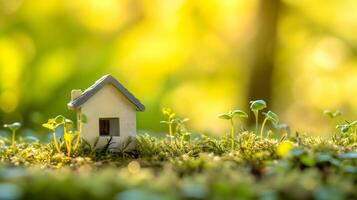 AI Generated Tiny toy house on spring grass sprouts. photo