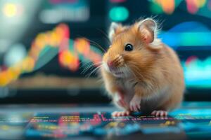 AI Generated hamster in front of blurry trading charts, novice in stock exchange and asset market concept photo
