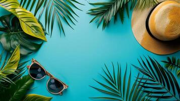 AI Generated Hat, sunglasses, palm tree leaves on blue background. Blank, top view, still life, flat lay. Sea vacation travel concept tourism and resorts. Summer holidays. photo