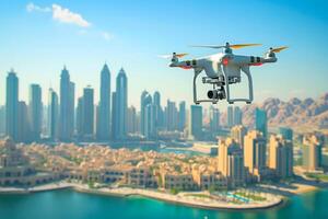 AI Generated flying drone above the city at sunny summer day photo