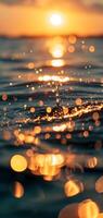 ai generado puesta de sol bokeh en agua. dorado cielo terminado un cuerpo de agua, con el ligero reflejando y creando un bokeh efecto. foto