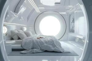 ai generado futurista blanco espacio estación estilo interior de dormitorio foto