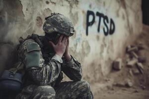 ai generado triste soldado y inscripción ptsd en el muro, ptsd para postraumático estrés trastorno foto