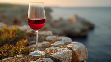 AI Generated A glass of red wine on a stone wall, sea background, realistic, selective focus. photo