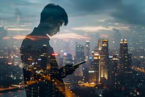 AI Generated Double exposure of business and a city - Asian businessman using a digital tablet superimposed on a city skyline photo